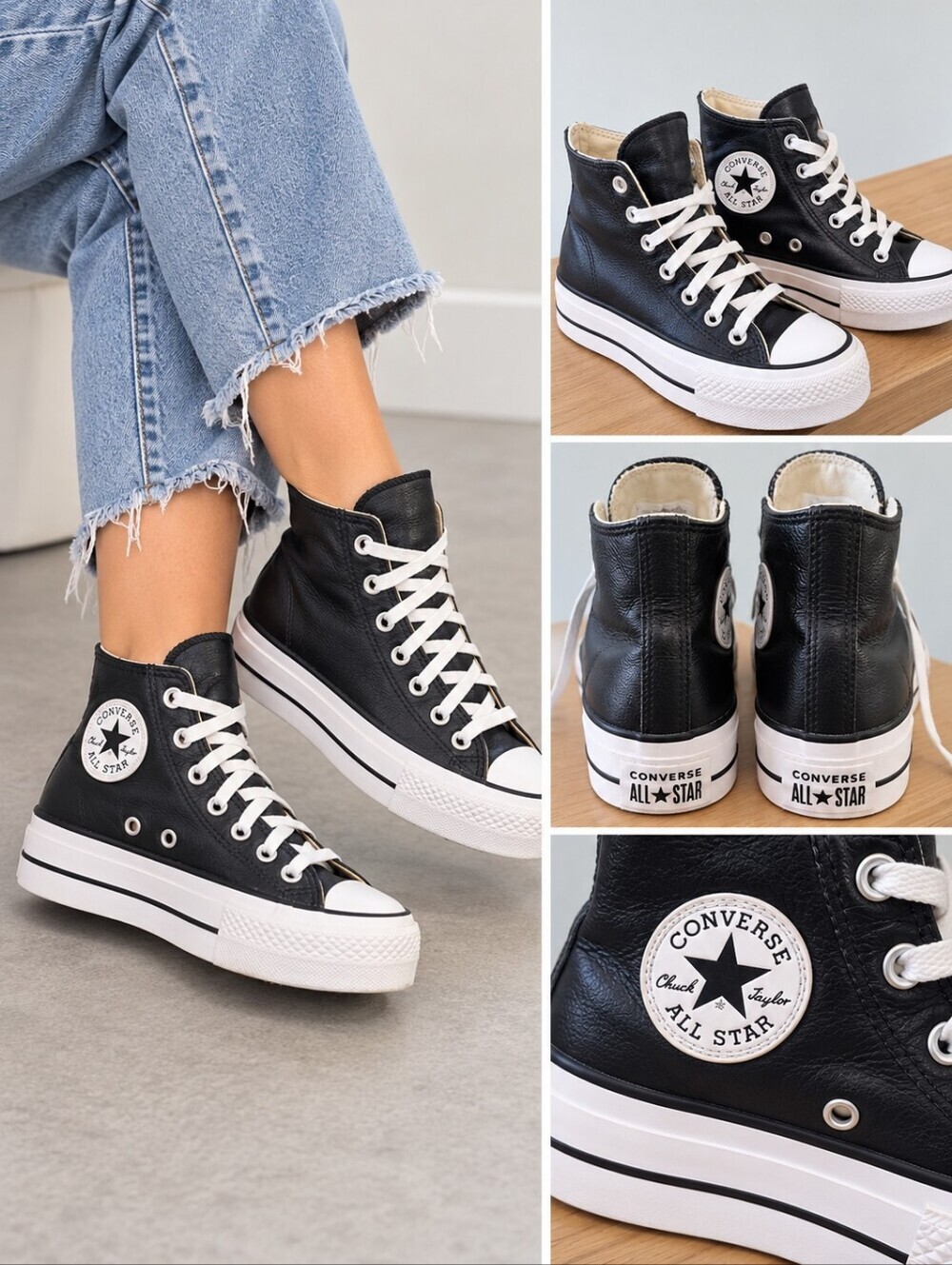 Converse Black Leather Platform High Top Sneakers with White Accents